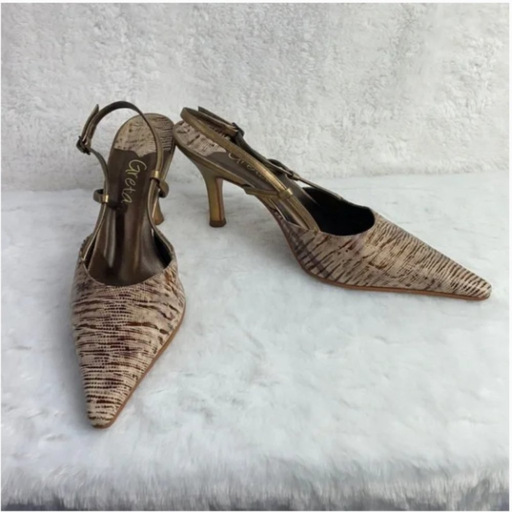 Greta Ladies Snakeskin Gold Brown Pointed Toe Heel